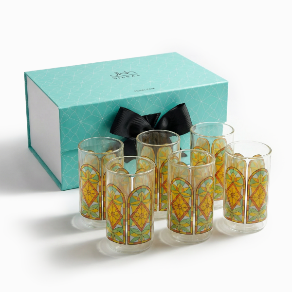 Shubbak Double Wall Glass Cups for Tea, Karak, Coffee, Hot and Cold Drinks Beverages, set of 6 - Orange & Yellow