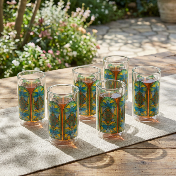 Shubbak Double Wall Glass Cups for Tea, Karak, Coffee, Hot and Cold Drinks Beverages, set of 6 - Amber & Blue