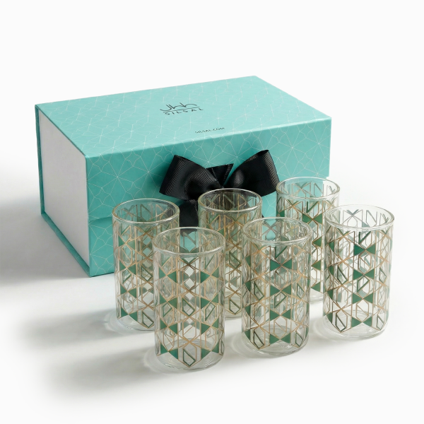 Emerald Mosaic Double Wall Glass Cups for Tea, Karak, Coffee, Hot and Cold Drinks Beverages, set of 6