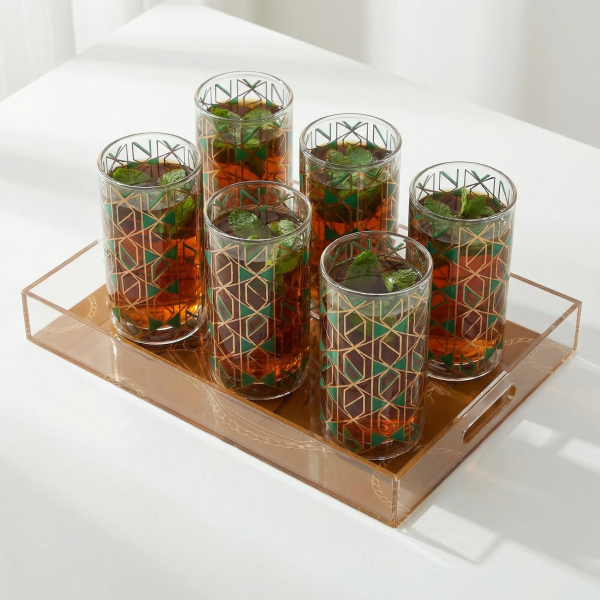 Emerald Mosaic Double Wall Glass Cups for Tea, Karak, Coffee, Hot and Cold Drinks Beverages, set of 6